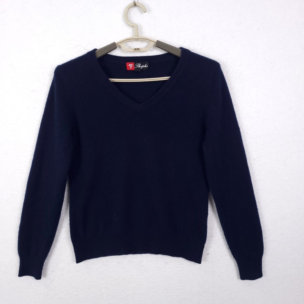 Shephe Cashmere Sweater Womens 36 Navy Blue V-Neck Long Sleeve Knit Luxury